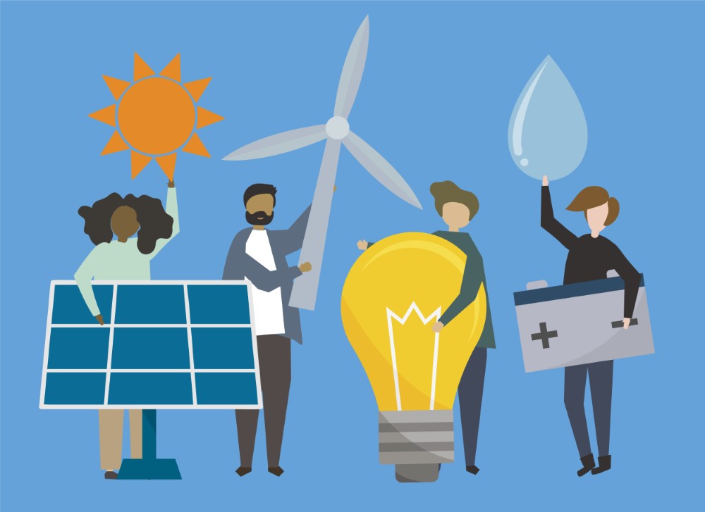 People with renewable energy resources illustration